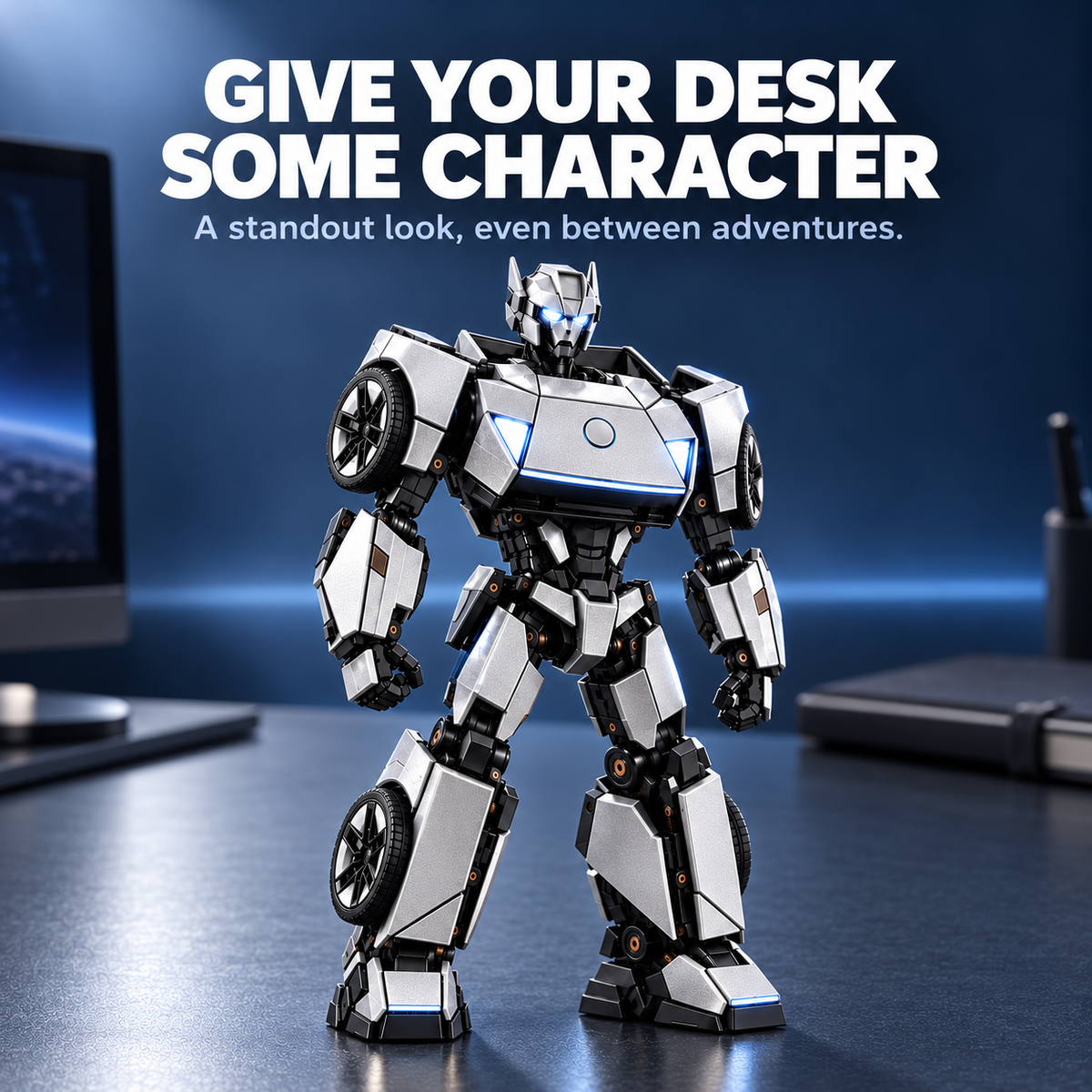 Silver transforming robot figure displayed on a desk
