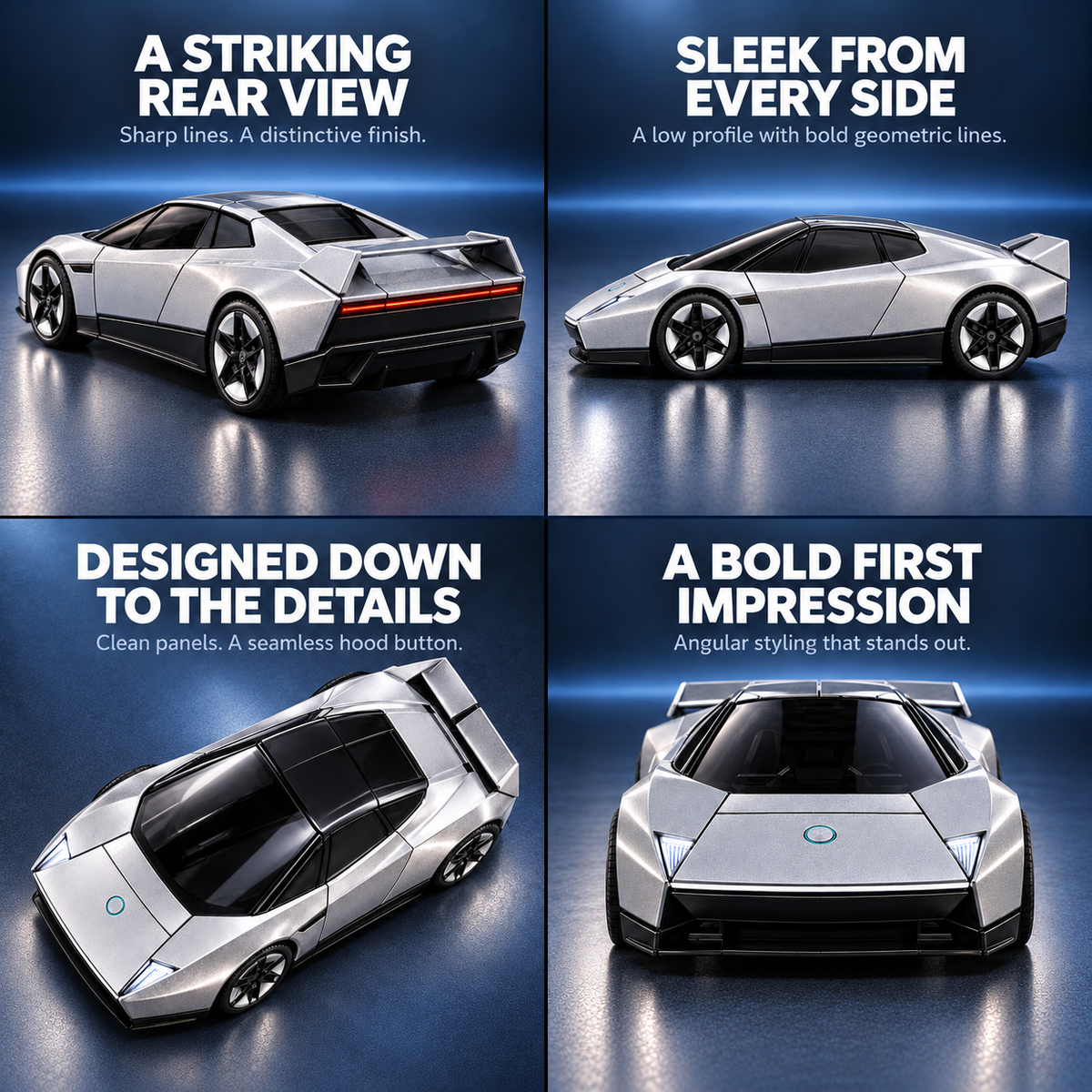 Silver sports car and robot product image collage