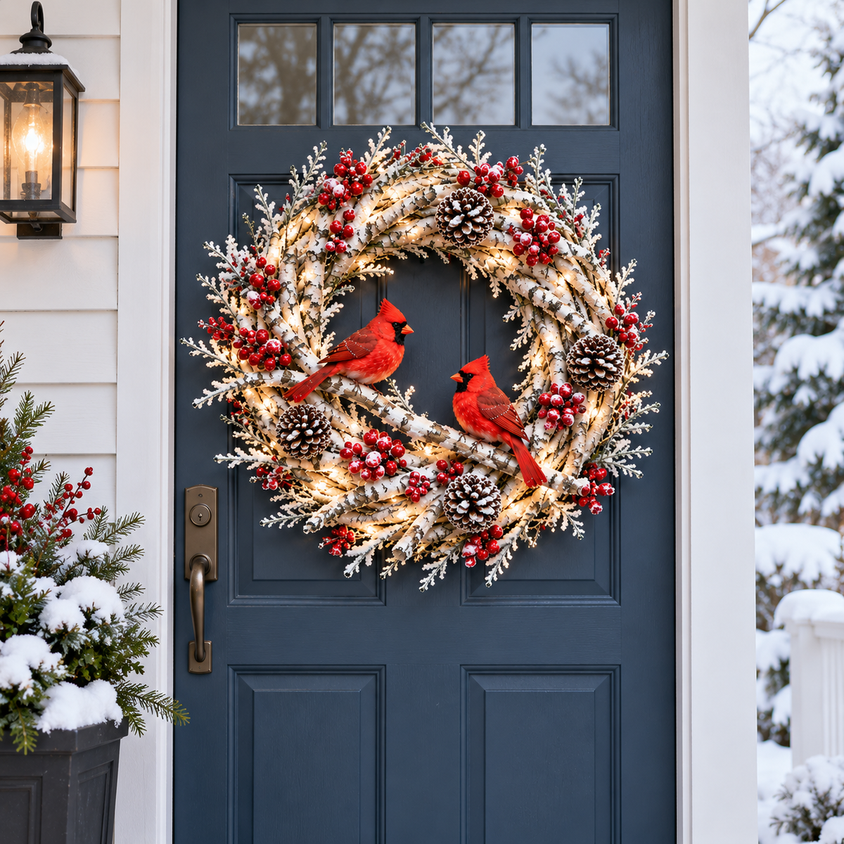 🔥 LAST DAY 49% OFF 🔥❤️ Official Snowy Birch Cardinal Wreath™ – Authentic Quality Lighted Christmas Door Wreath with Paired Red Cardinals, Berries & Pinecones ✨
