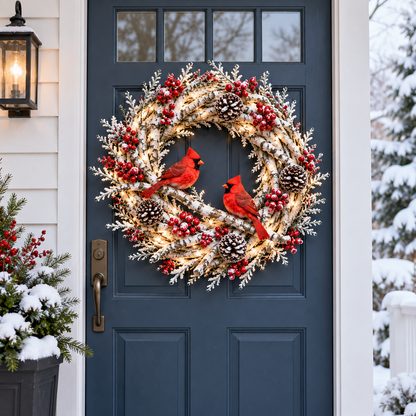 🔥 LAST DAY 49% OFF 🔥❤️ Official Snowy Birch Cardinal Wreath™ – Authentic Quality Lighted Christmas Door Wreath with Paired Red Cardinals, Berries & Pinecones ✨