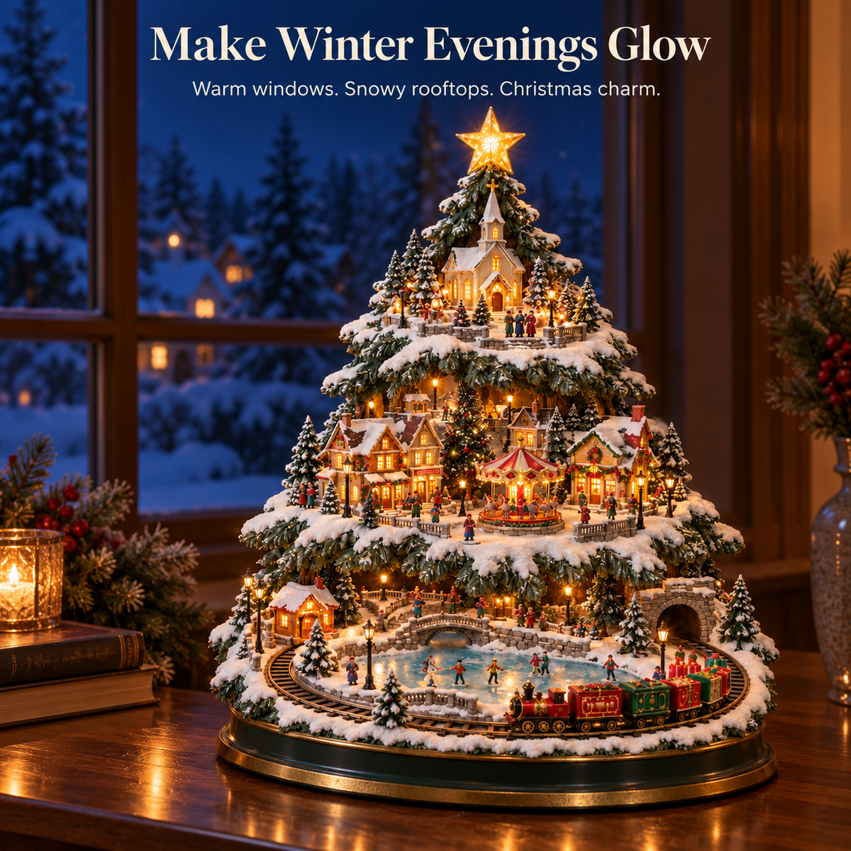 Snowy village glow at blue hour
