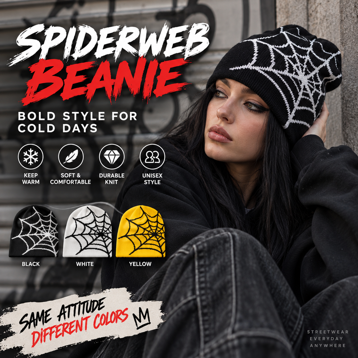 Oversized Spiderweb Knit Beanie – Bold Contrast Streetwear Winter Hat