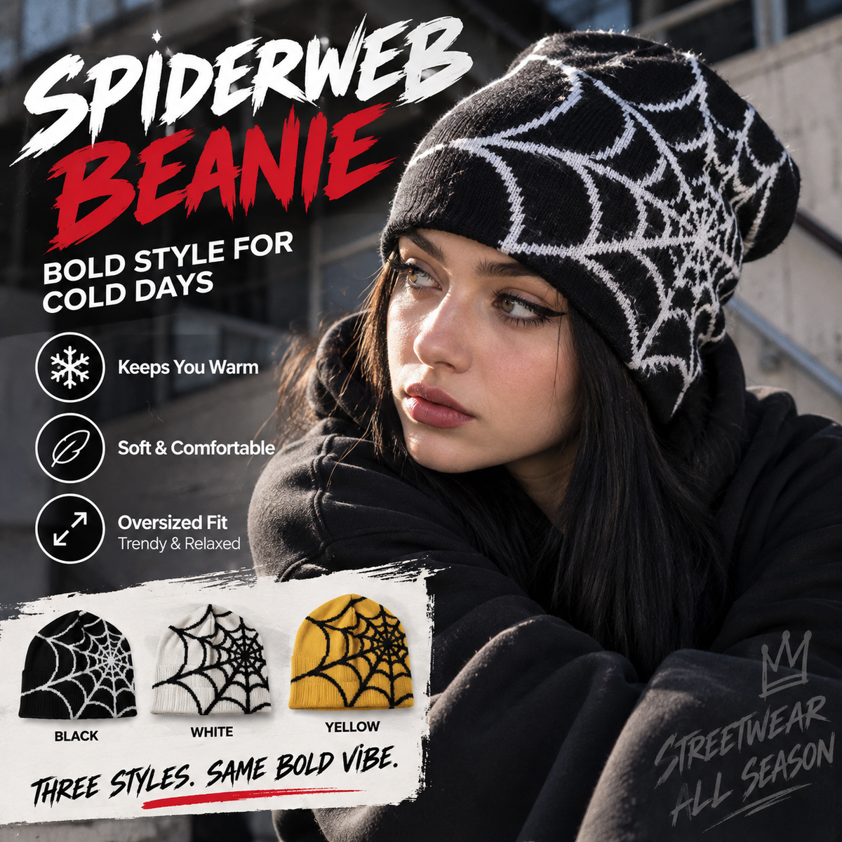 Oversized Spiderweb Knit Beanie – Bold Contrast Streetwear Winter Hat
