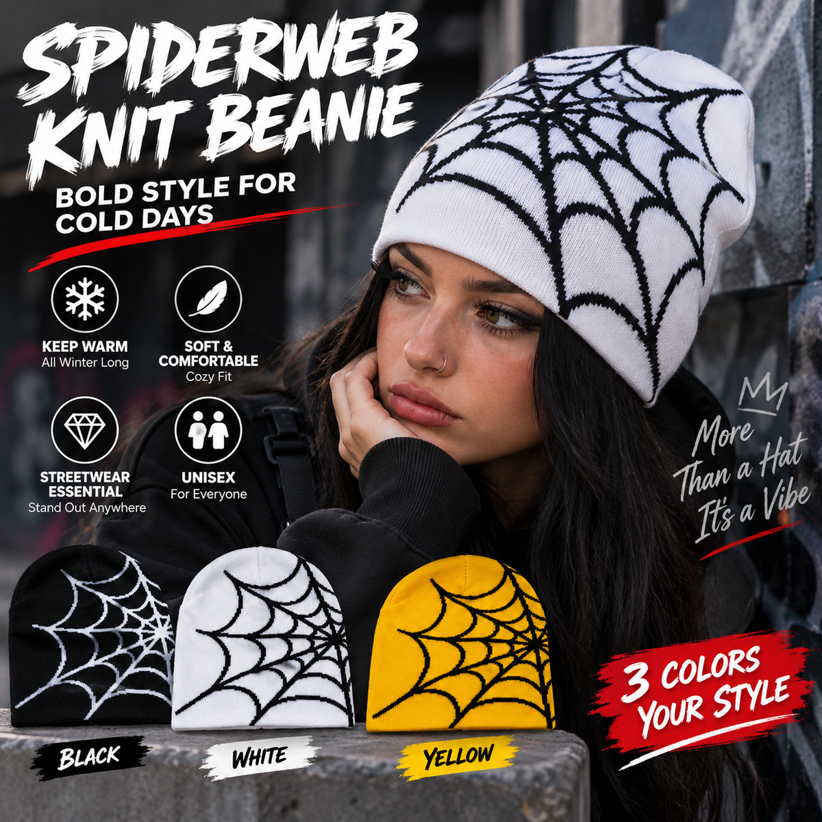 Oversized Spiderweb Knit Beanie – Bold Contrast Streetwear Winter Hat