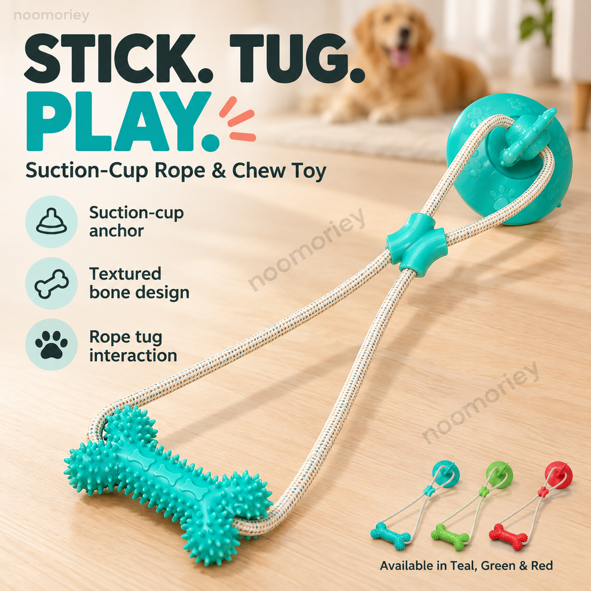 Teal interactive dog tug toy with suction cup base, braided rope and textured bone