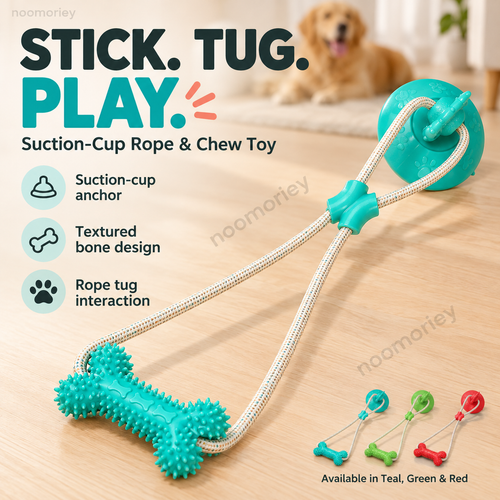 Teal interactive dog tug toy with suction cup base, braided rope and textured bone