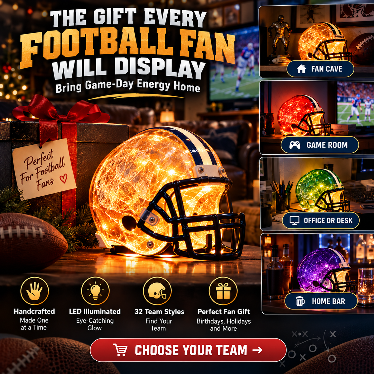⌛ Last Day 49% OFF 🔥 Handmade Football Helmet Lamp – LED Team Fan Cave Light with 32 Team Styles