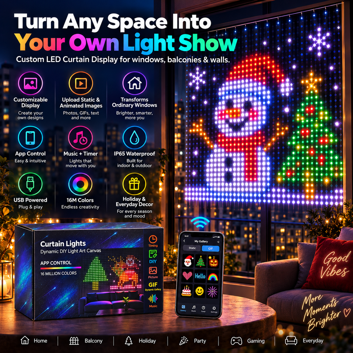 🎄📱Smart LED Curtain Lights – Upload Your Own Pictures & Animations ✨