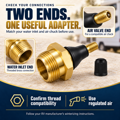 Two brass RV blow-out plug adapters for seasonal water-line winterizing