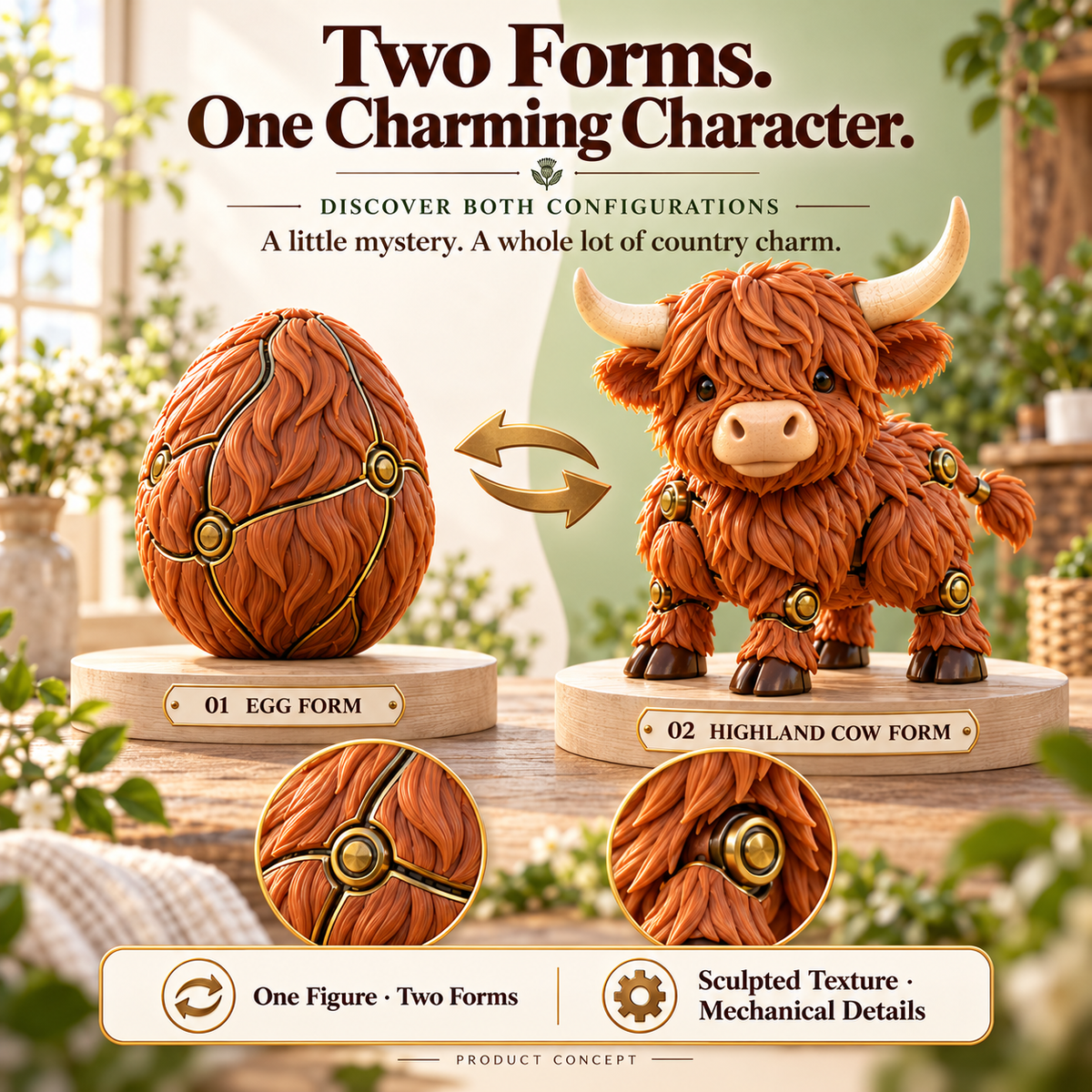 Highland cow figure and egg form product illustration