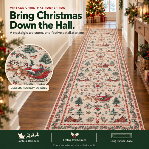 🔥LAST DAY 49% OFF -🎄 Vintage Christmas Runner Rug – Santa, Reindeer & Timeless Holiday Charm