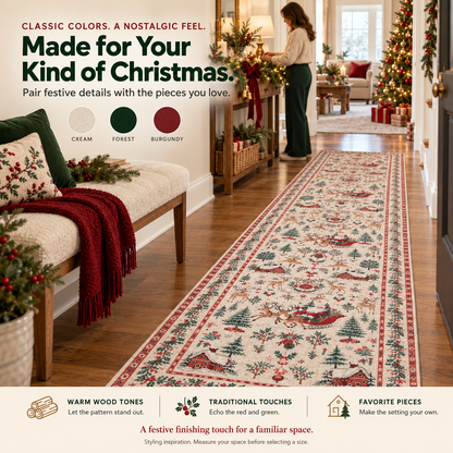 🔥LAST DAY 49% OFF -🎄 Vintage Christmas Runner Rug – Santa, Reindeer & Timeless Holiday Charm