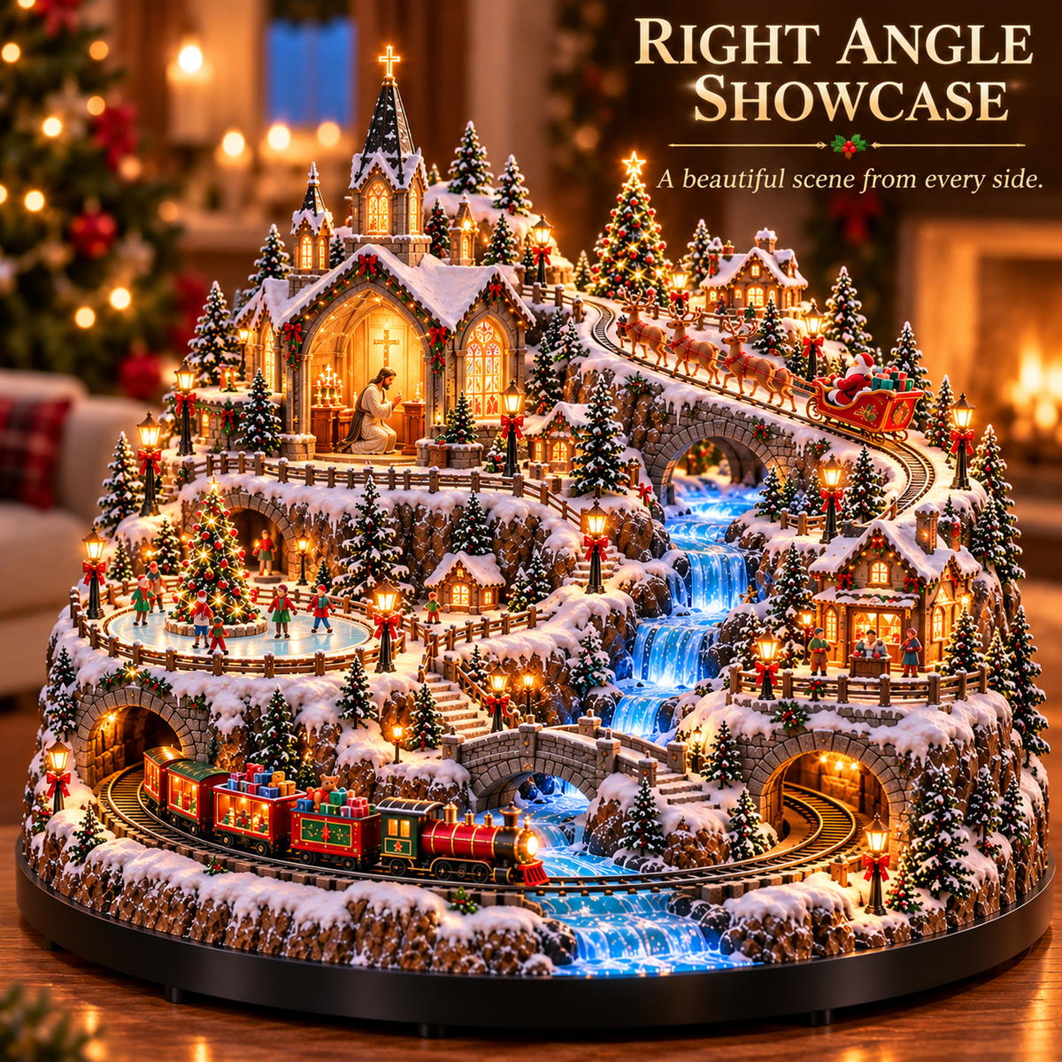 Festive miniature village featuring train, reindeer sleigh and snow-covered structures