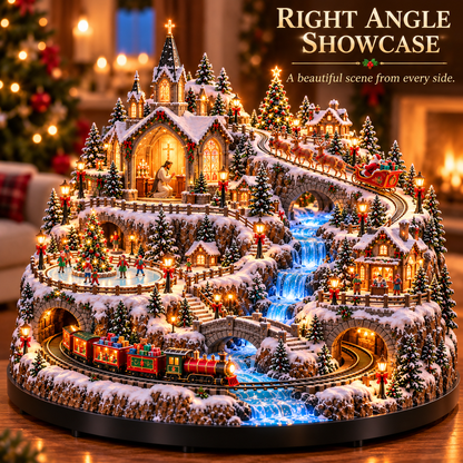 Festive miniature village featuring train, reindeer sleigh and snow-covered structures