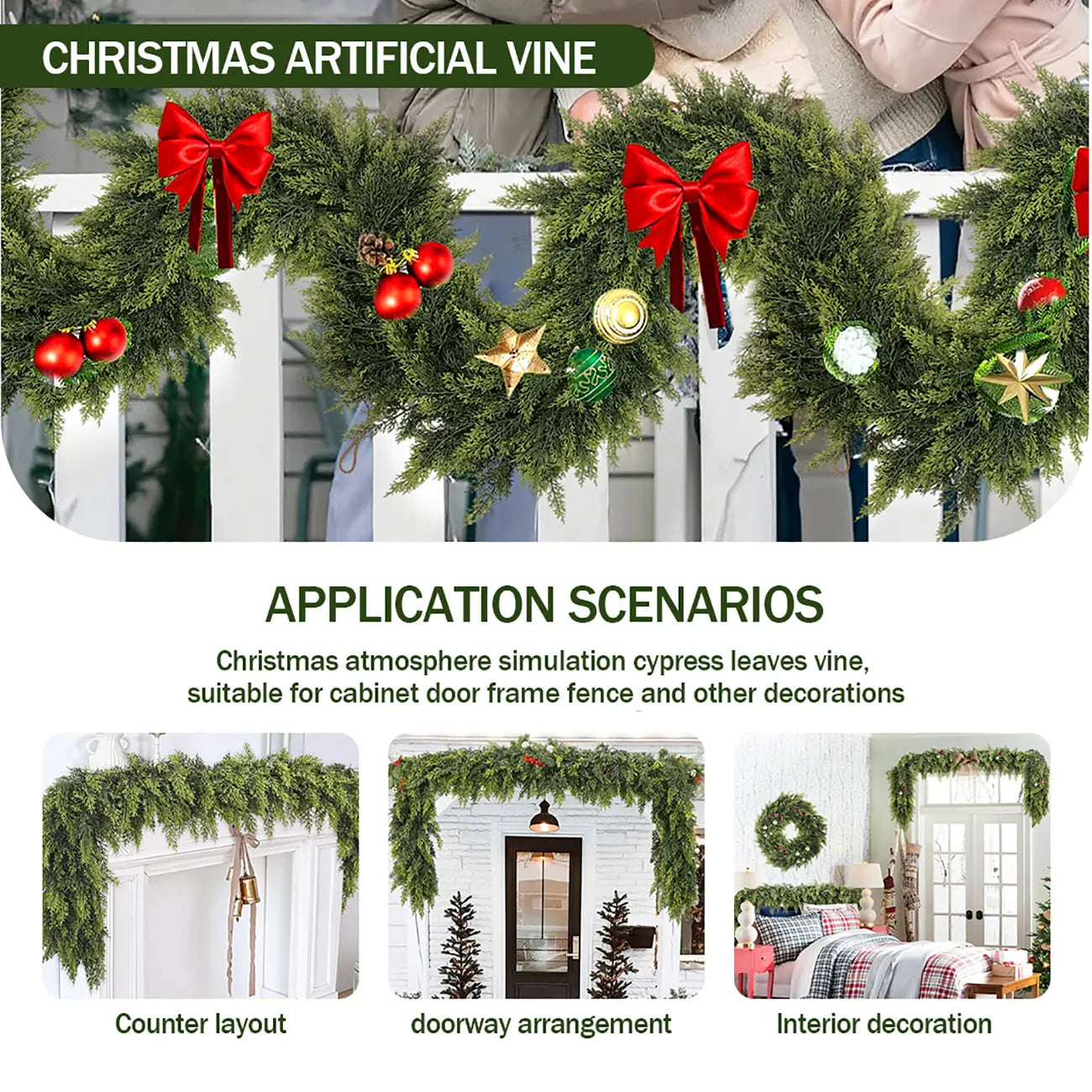 6 FT 2 Pcs Artificial Cedar Garlands, Real Touch Winter Cedar Garland, Green Artificial Greenery Pine Garland for Table, Mantle, Wall, Indoor, Outdoor Christmas Decorations