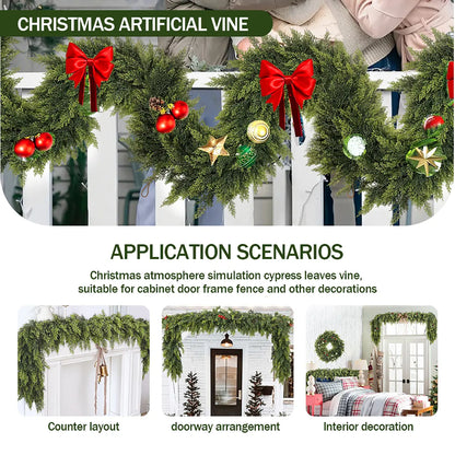 6 FT 2 Pcs Artificial Cedar Garlands, Real Touch Winter Cedar Garland, Green Artificial Greenery Pine Garland for Table, Mantle, Wall, Indoor, Outdoor Christmas Decorations