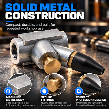 Detailed close-up of pneumatic air nozzle metal construction and fittings