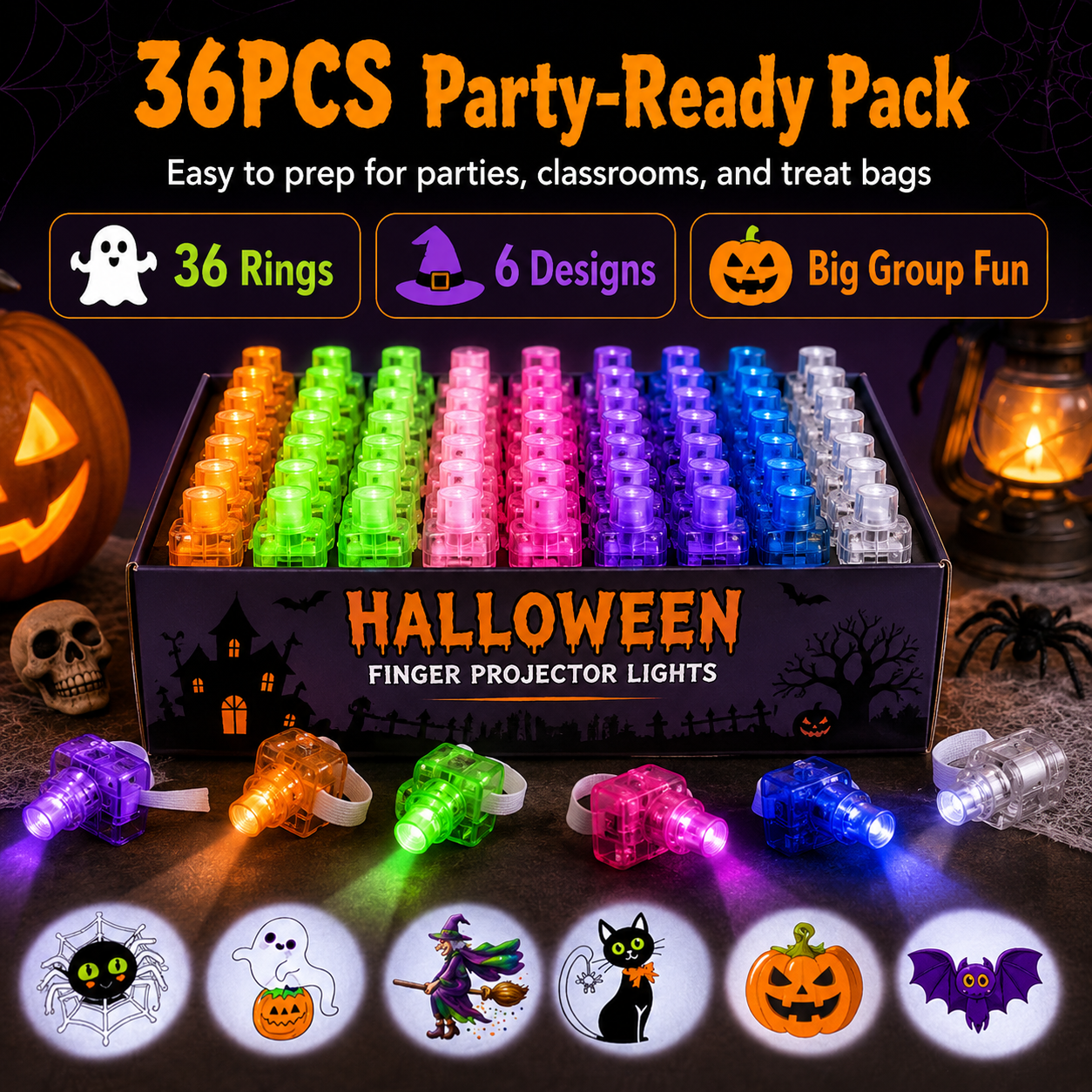 👻 🎃 Halloween Finger Projector Rings – LED Party Favors for Kids