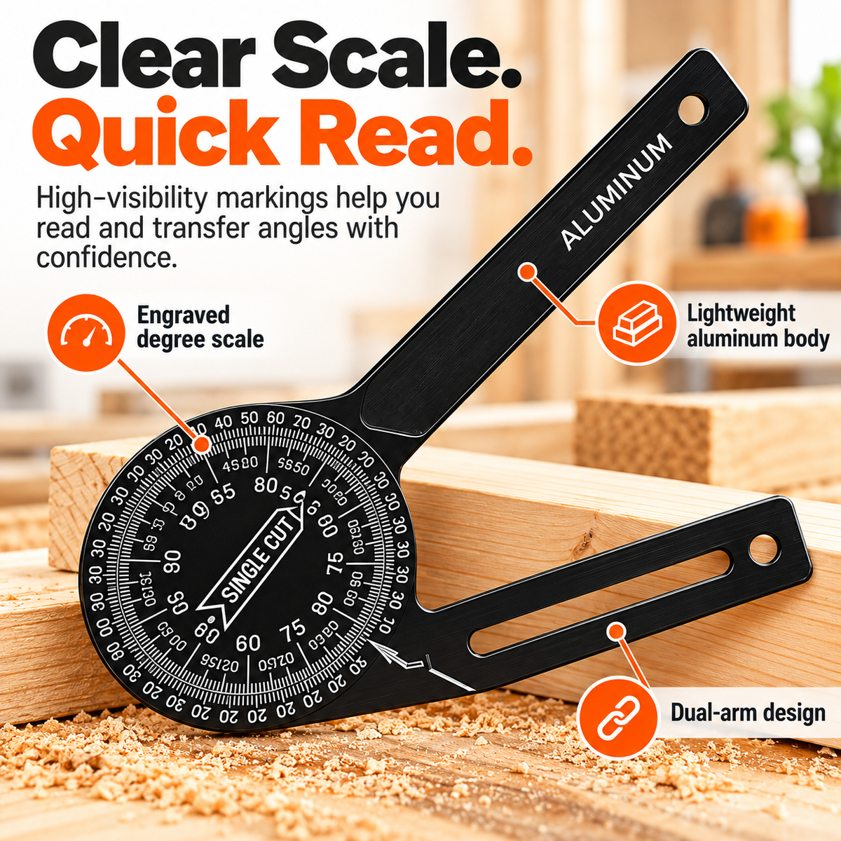 Close-up of aluminum miter saw protractor with engraved degree scale dual arms and single cut reference
