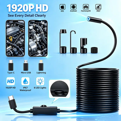 🔍 1920×1440 HD Endoscope Camera – 3.5M Semi-Rigid Cable, 8 Adjustable LED Lights & IP67 Waterproof Probe