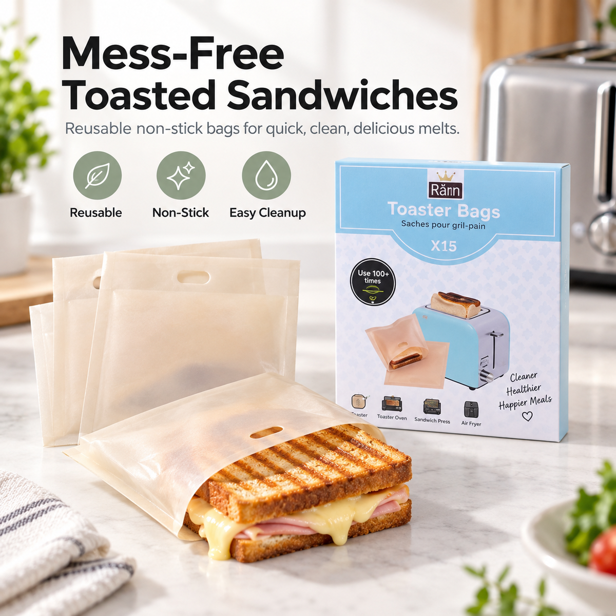 🥪15-Pack Reusable Toaster Bags – Easy-Cleanup Sandwich & Melt Bags
