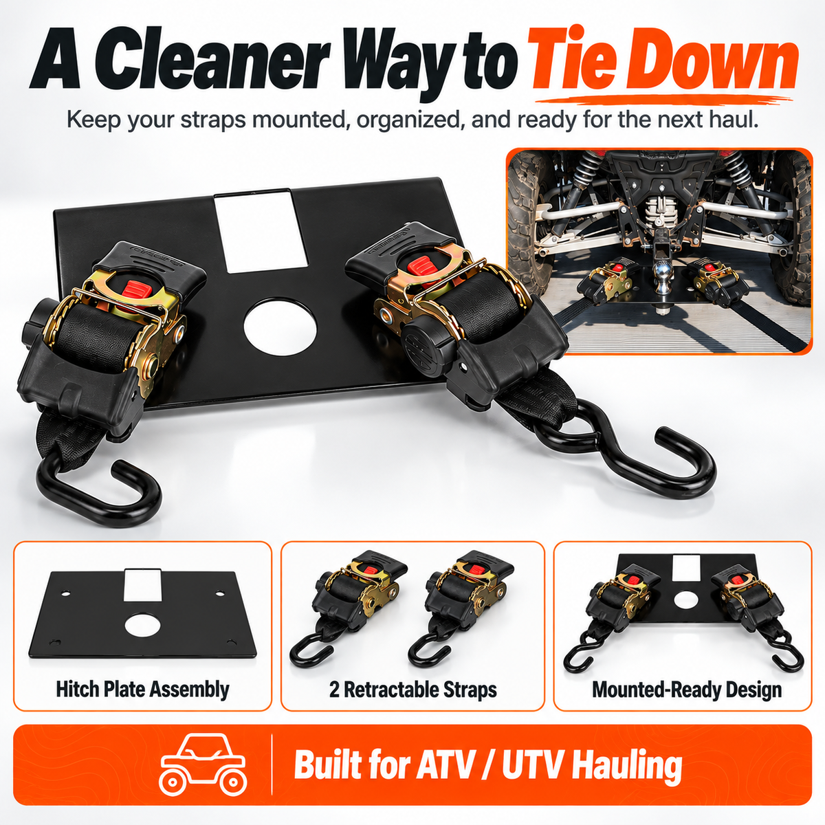 Hitch plate assembly with two retractable ratchet straps and mounted ready design