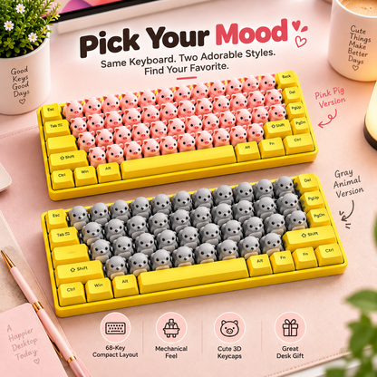 ⌨️68-Key 3D Animal Mechanical Keyboard – Pink Pig & Gray Critter