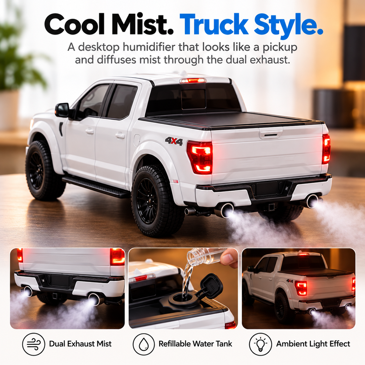 White pickup-shaped humidifier releasing mist from two rear exhaust pipes with illuminated red taillights