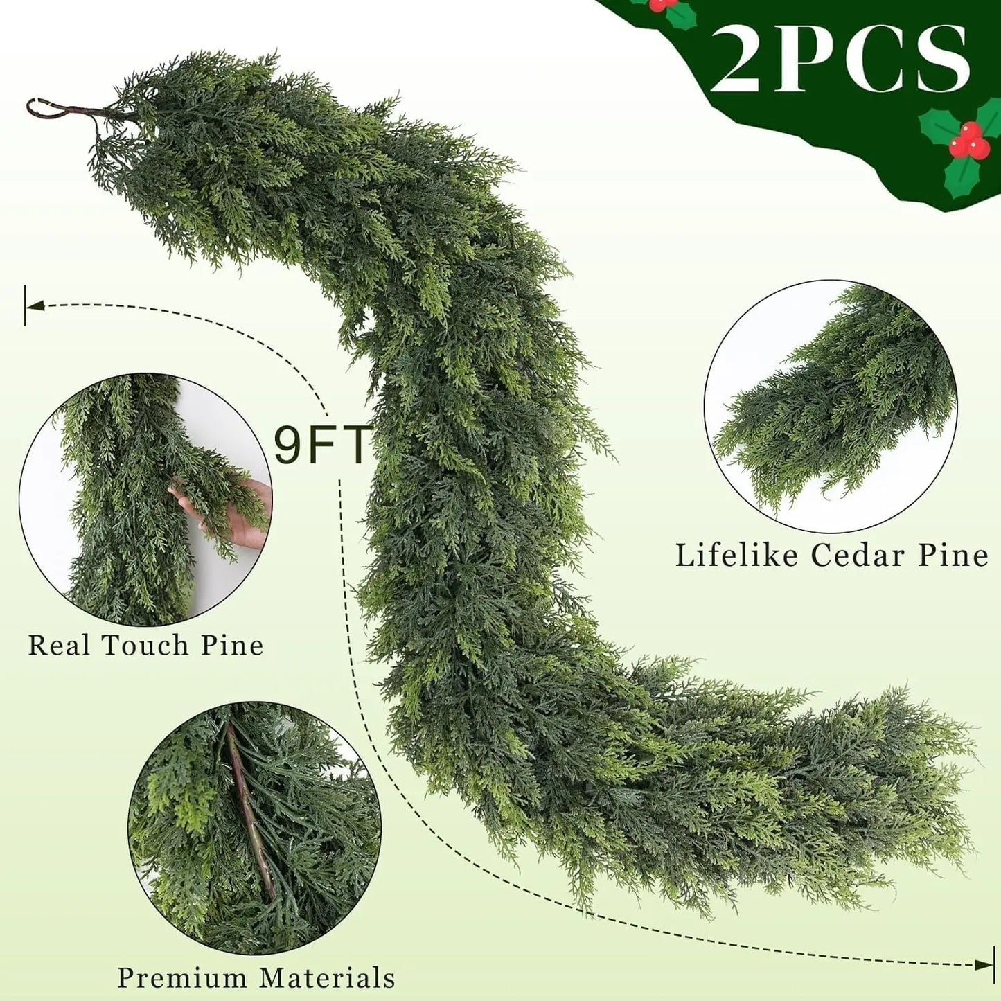 6 FT 2 Pcs Artificial Cedar Garlands, Real Touch Winter Cedar Garland, Green Artificial Greenery Pine Garland for Table, Mantle, Wall, Indoor, Outdoor Christmas Decorations