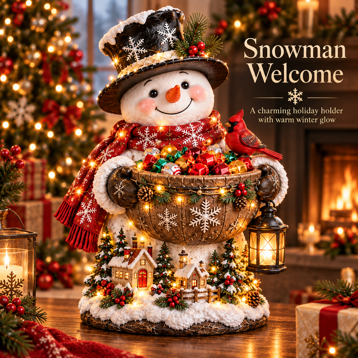 Snowman Welcome lighted Christmas candy bowl