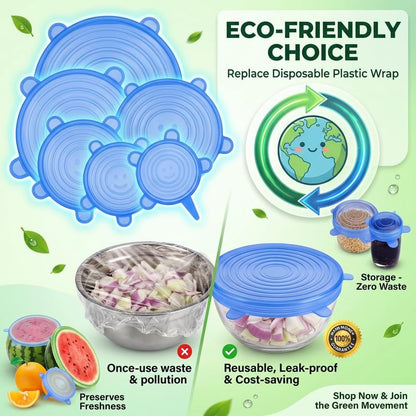 🔥 HOT SALE 🔥Universal Reusable Silicone Lids – 6-Pack Self-Sealing Food Covers for Various Container Sizes