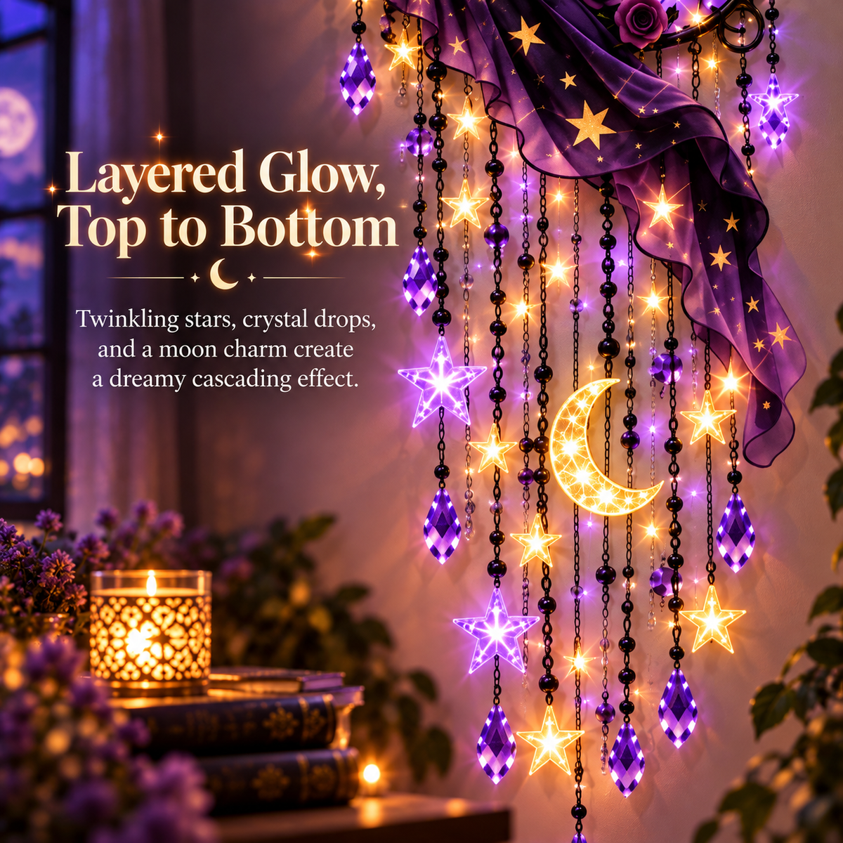 Cascading stars crystal drops and moon charm with purple and warm lights