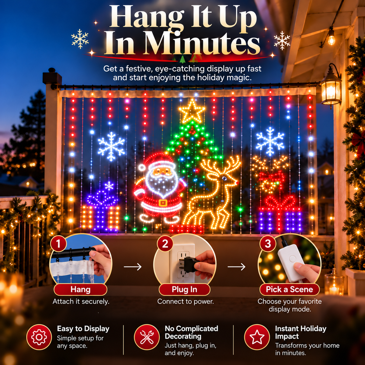 🎅Smart RGB Christmas Curtain Lights – App-Controlled Animated Holiday Window Display