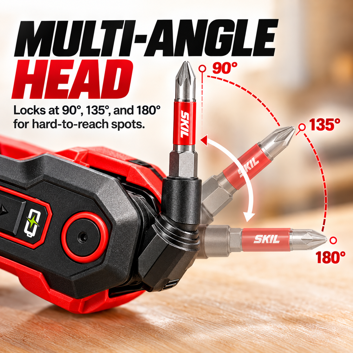 Folding hex key locking head with 90, 135 and 180 degree positions