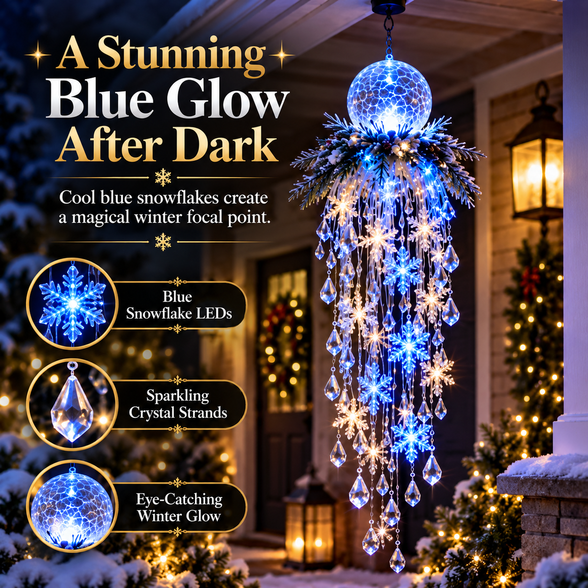 Blue Snowflake Christmas crystal cascade light glowing at night