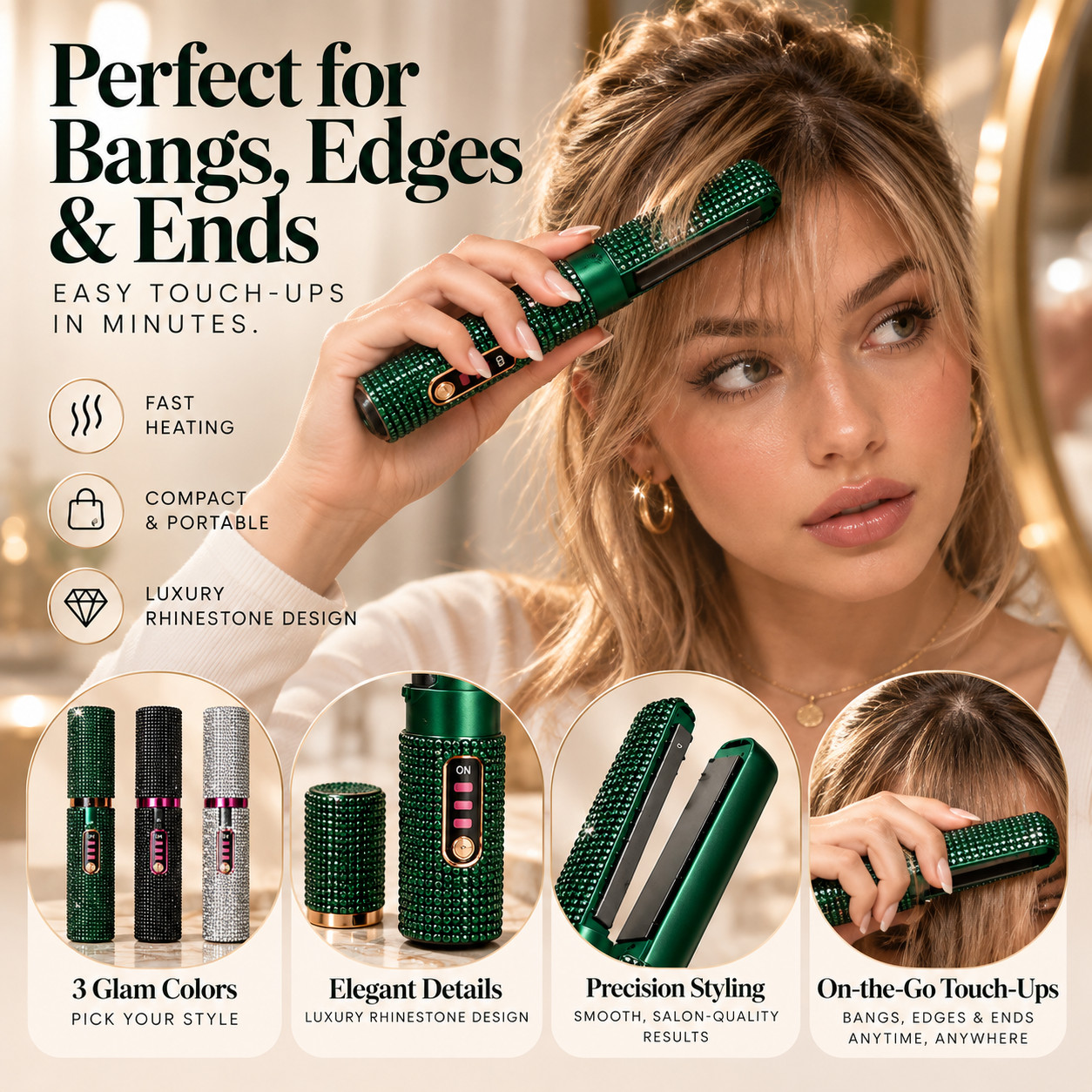 Woman using emerald green rhinestone mini straightener to style bangs and face framing hair sections