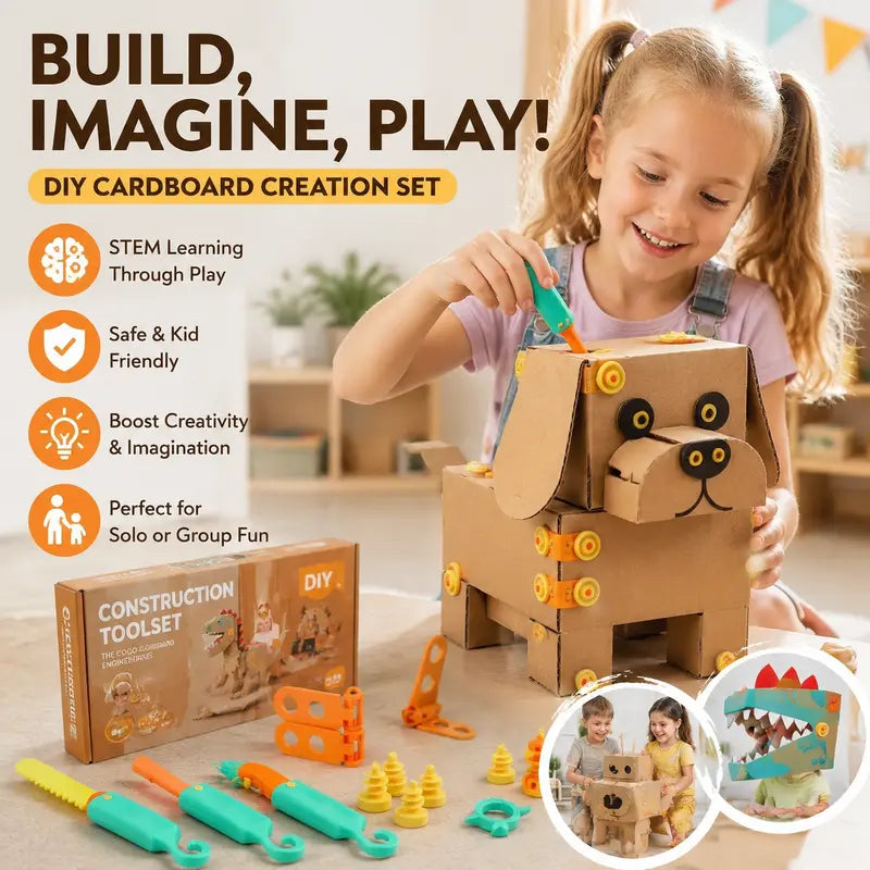 Smiling young girl assembling a cardboard dog using colorful connectors and building tools