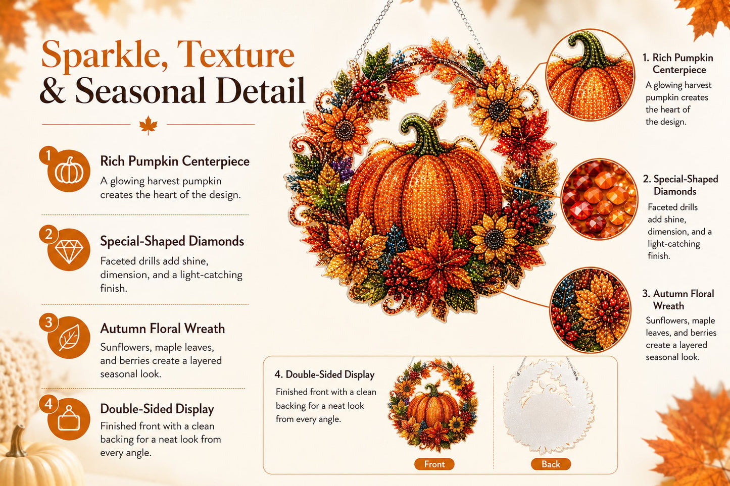 Autumn Harvest Pumpkin Diamond Art Hanging Ornament Kit.