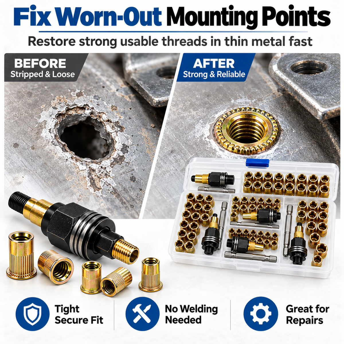 Before and after metal mounting point with installed threaded rivet nut