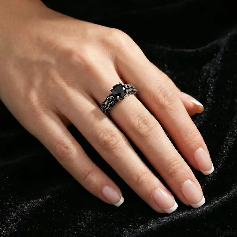 Sterling Silver Vintage Black Synthetic Obsidian Ring