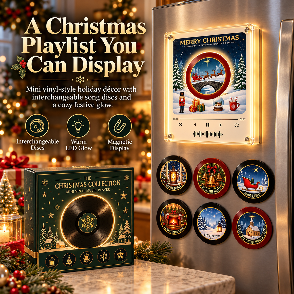 🎄🎶 Christmas Mini Vinyl Record Player Fridge Magnet ✨🎅 Light-Up Musical Christmas Decor 🎁❄️ Interchangeable Holiday Song Discs