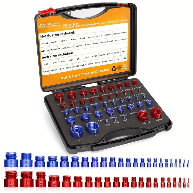 44 piece metric and SAE nut and bolt thread checker set in organized storage case