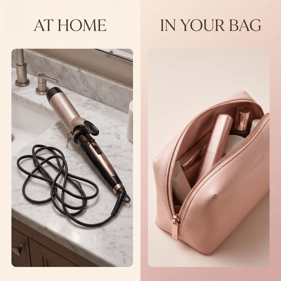 Compact cordless hair curler designed for a handbag or travel bag