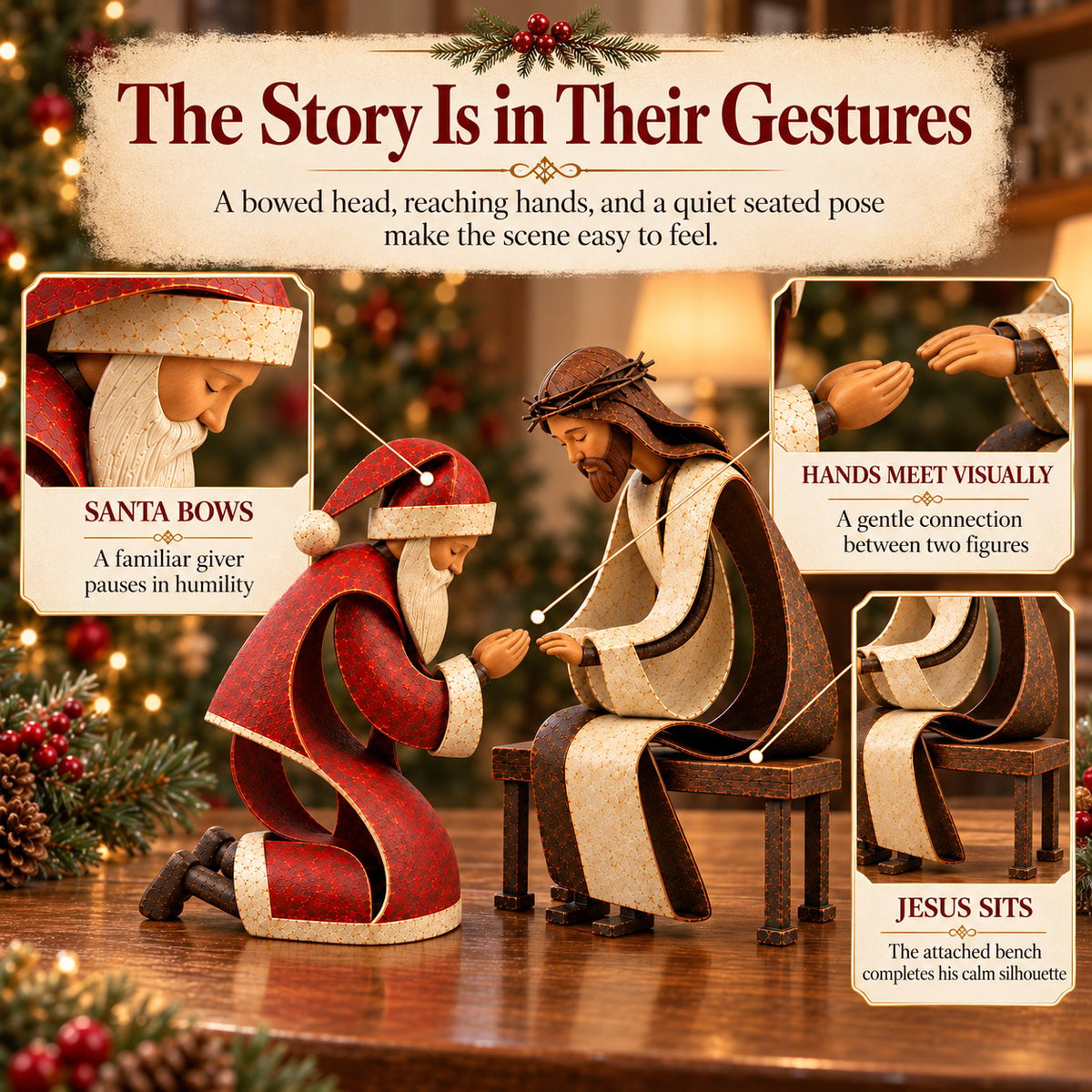 ⏳ Last Day 49% OFF – ✝️ Santa Kneeling Before Jesus Christmas Figurines | Meaningful Wood & Iron Faith Décor 🎄