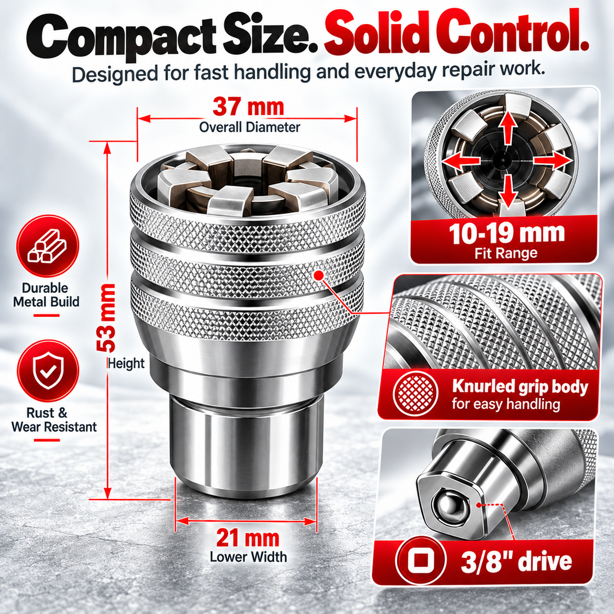 Dimensions and close-up details of the universal socket showing 37mm overall diameter, 53mm height, 21mm lower width and knurled grip