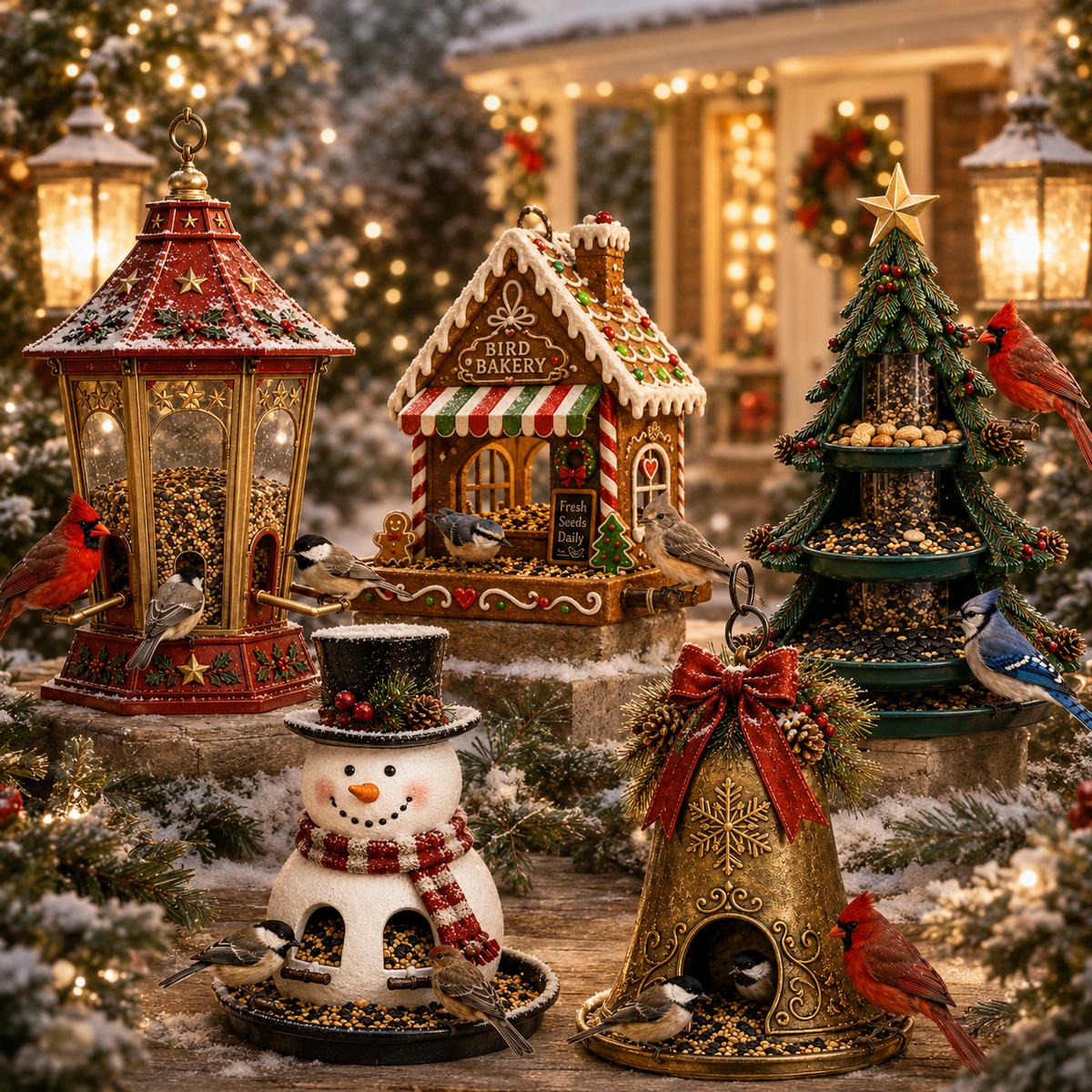 Collection of five Christmas themed hanging bird feeders