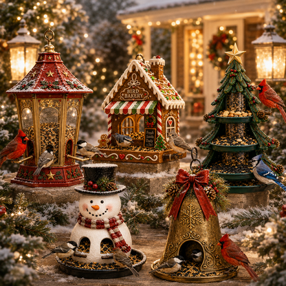 Collection of five Christmas themed hanging bird feeders