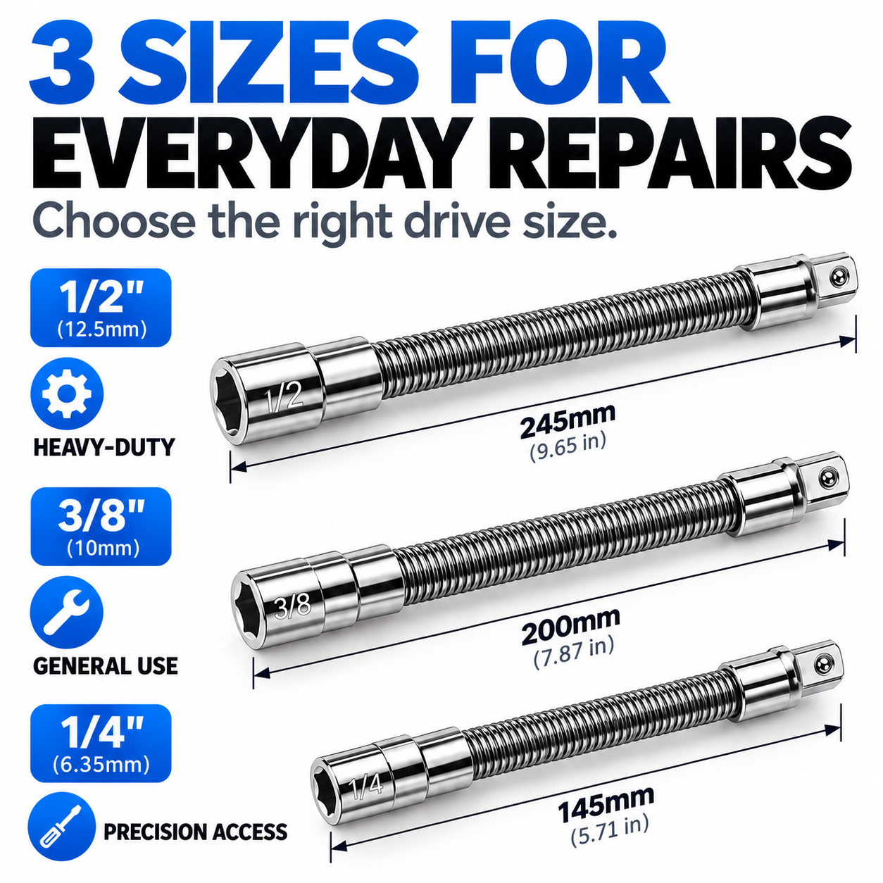 Three flexible socket extension bar sizes with labeled drive sizes and lengths: 1/2 inch at 245 mm, 3/8 inch at 200 mm and 1/4 inch at 145 mm