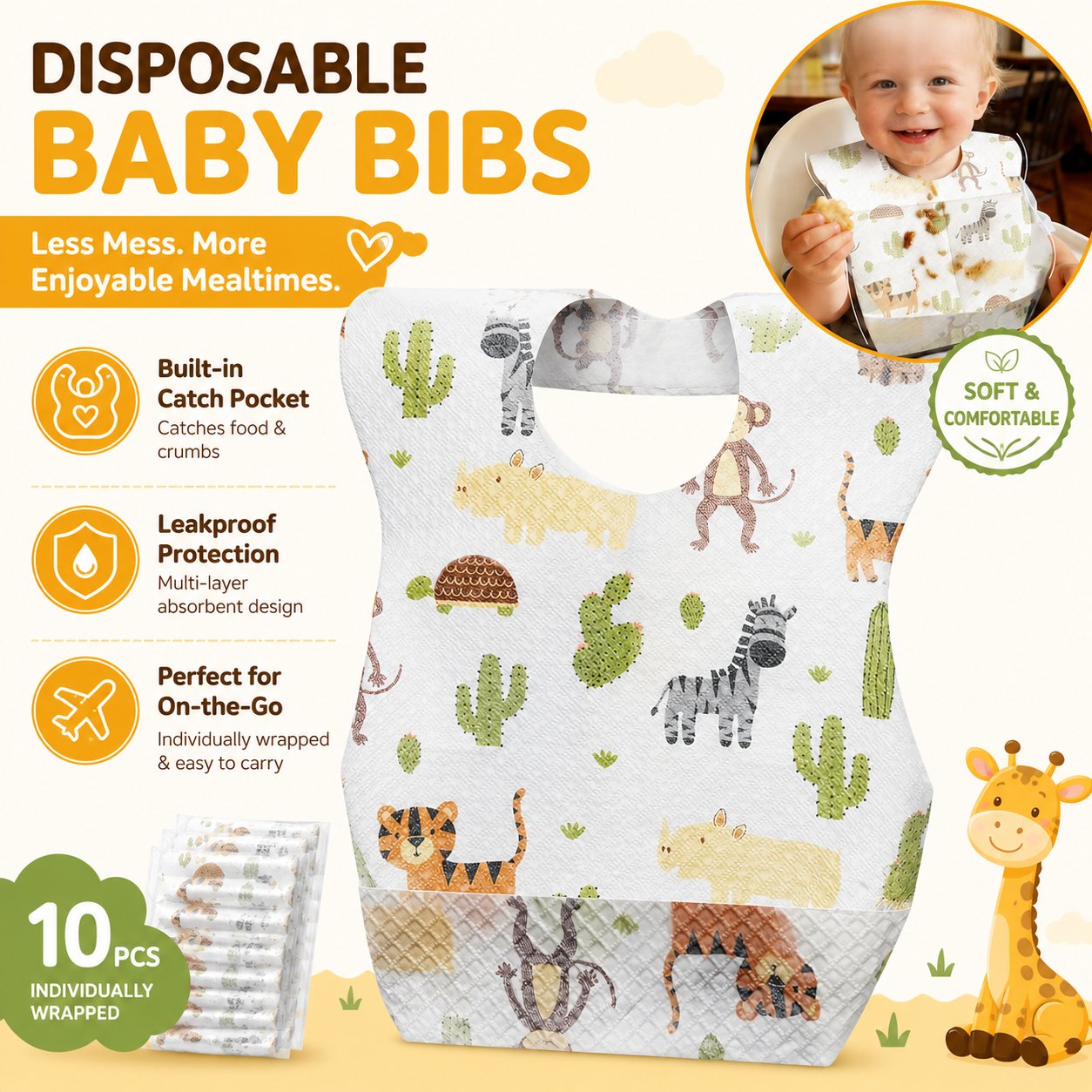 👶 10/30PCS Disposable Toddler Bibs – Individually Wrapped, Soft, Leak-Proof & Travel-Frie
