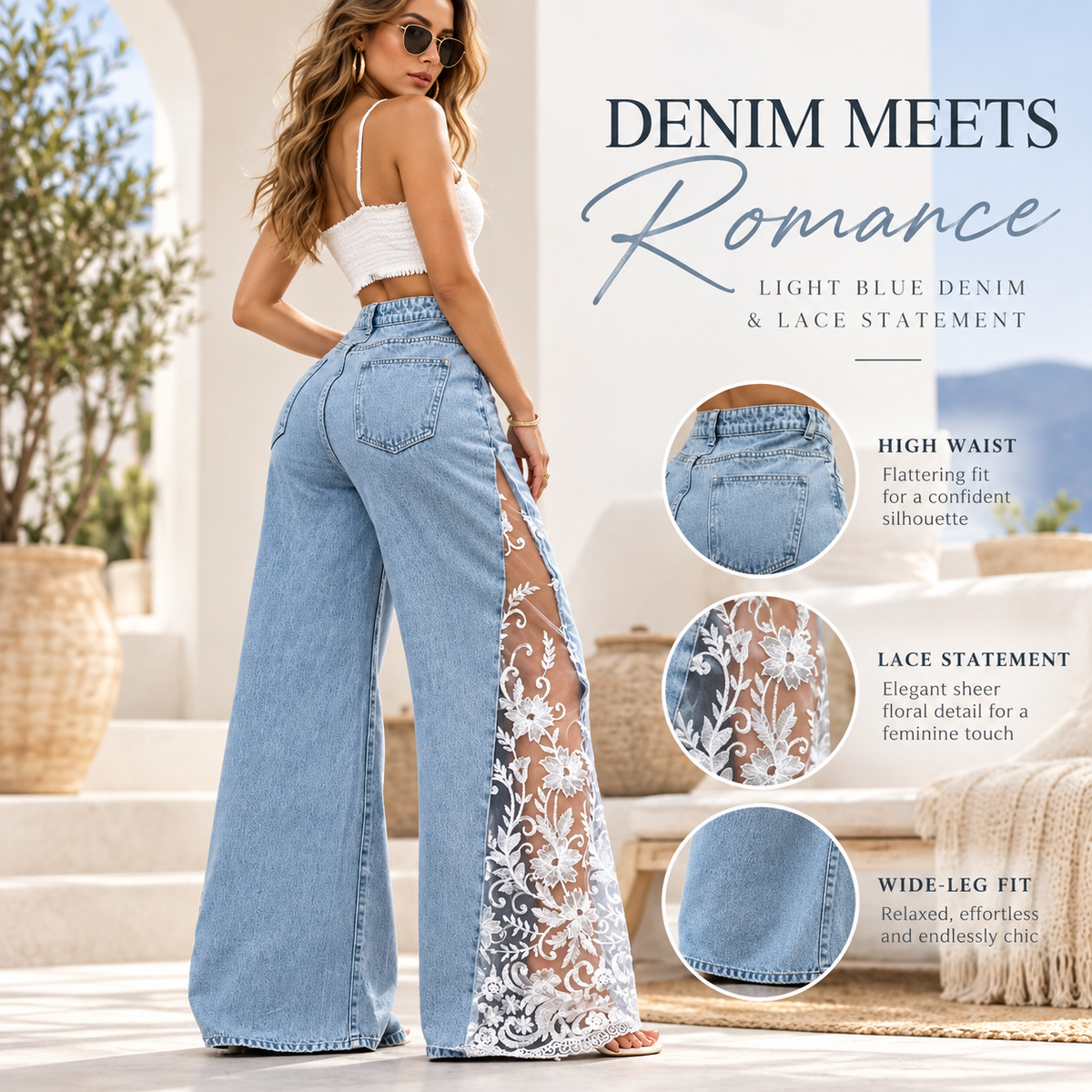 🖤🔥 Women's Gothic Black Flare Jeans 👖🌹 Sheer Floral Lace Side Panels ✨🦋 High-Waisted Wide-Leg Denim Pants | Sexy & Edgy Streetwear 💋